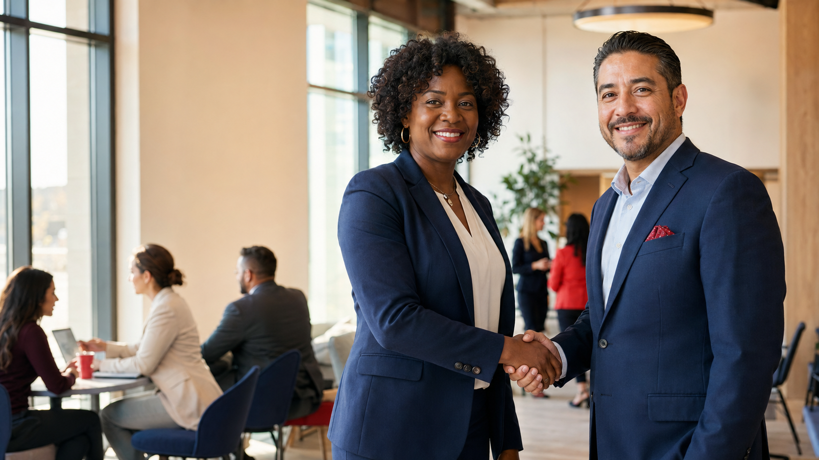 Two business leaders shaking hands to begin a community partnership