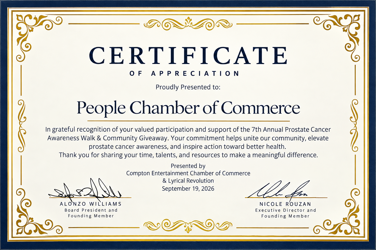 Certificate of Appreciation presented to The People's Chamber of Commerce for supporting the 7th Annual Prostate Cancer Awareness Walk and Community Giveaway