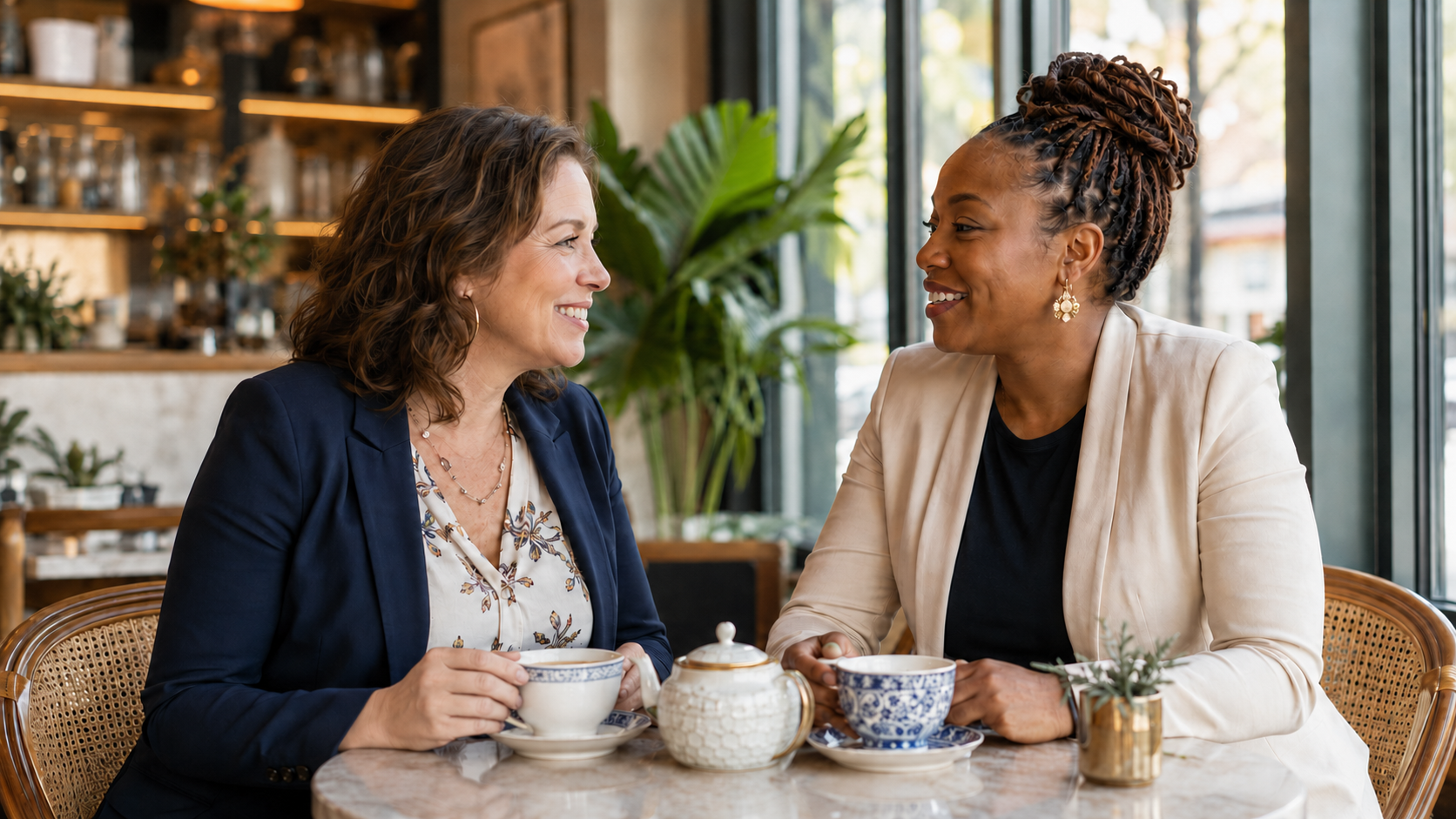 Two friends sharing tea and talking about The People's Chamber